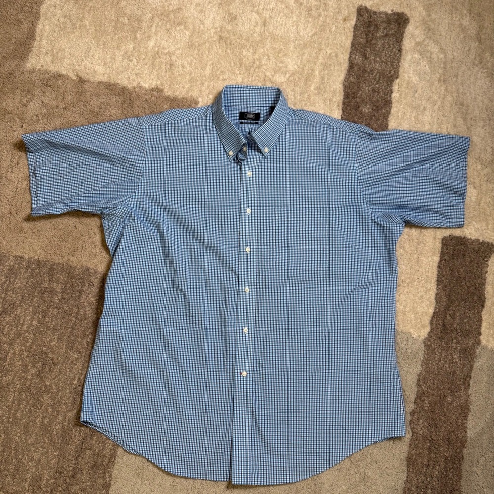 Berkley Jensen Mens XL Blue Gingham Check SS Button Down Shirt Wrinkle Free